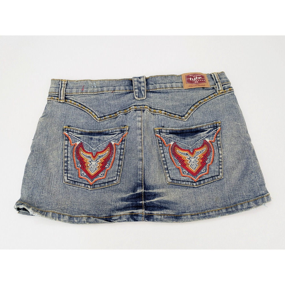 Vintage Y2K Micro Mini Denim Tyte Jeans Skirt Size 3 Embroidered Back Pockets